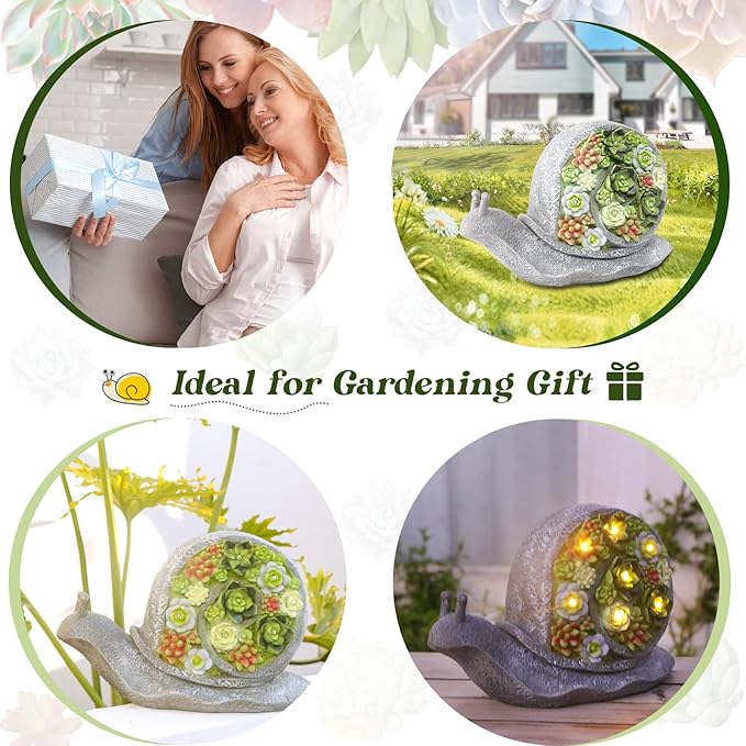 Solar Garden Statues Snails Figurine with Succulent and LED Lights - Garden Snails Statues Decorations for Yard, Outside, Patio, Balcony - Gardening Housewarming Birthday Gifts