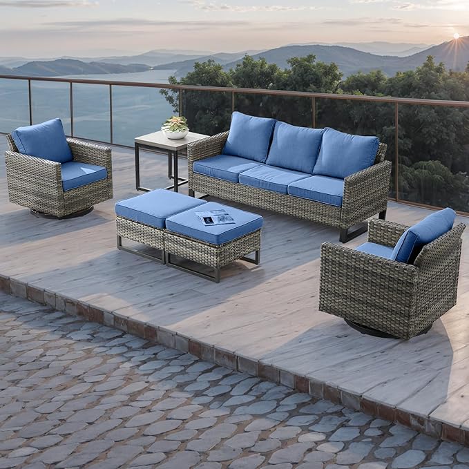 Rilyson Wicker Outdoor Patio Furniture Set - 5 Piece Patio Conversation Set with 2 Swivel Rocker Chairs,2 Rattan Ottoman and 1 Metal Side Table for Outside Porch Deck Backyard Garden(Mixed Grey/Blue)