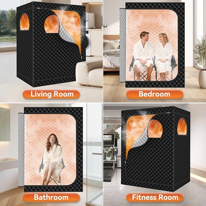 Home Sauna Portable, Upgraded Extra Large 2 Person Sauna Box with 2x3L 1300w Steamer, 2 Big Folding Chair, 9 Levels Heat, Timer,Remote Control - Steam Sauna Room Tent for Home Spa 71”x 49”x 35”, Black