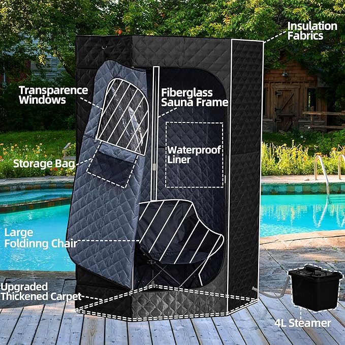 XL Portable Sauna Box, 4L Steamer Portable Steam Sauna for Home, Personal Sauna with Big Sauna Chair, Remote Control, Black, 1400W