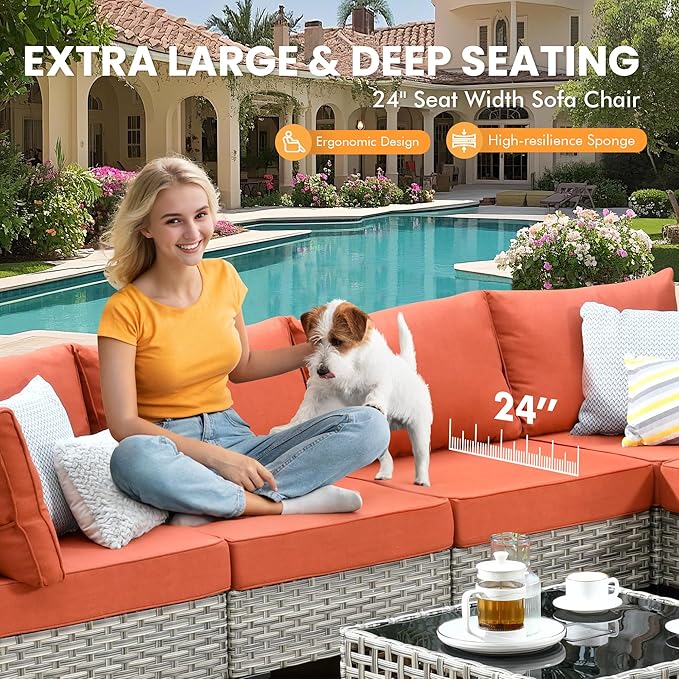 Outdoor Sectional Patio Furniture Set with Fire Pit Table and Swivel Rocking Chairs,11 Pieces Wicker Conversation Sets L Shaped Couch Out Door Sofa Outside Furniture for Garden Deck,Orange Red