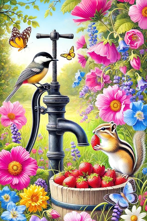 Spring Garden Flag 12x18 Inch Double-Sided Yard Decoration Featuring Colorful Pump Flowers Birds Chipmunk for Outdoor Spring Summer Garden Yard Decor