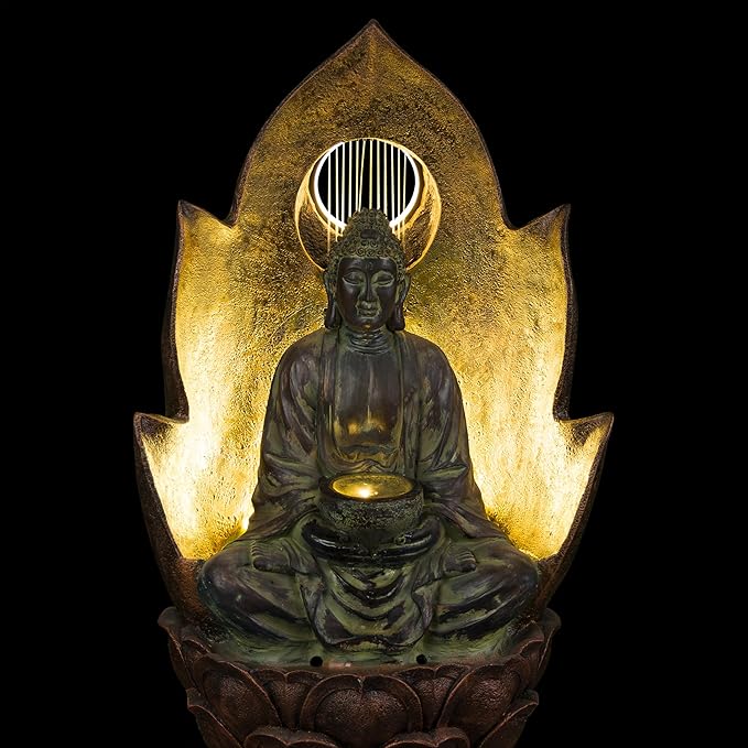 Alpine Corporation TZL420 59" Outdoor Buddha Fountain with LED Lights, Elegant Water Feature for Garden, Patio, Yard & Outdoor Spaces, Realistic Stone Look, Calming Waterfall for Relaxation, Brown