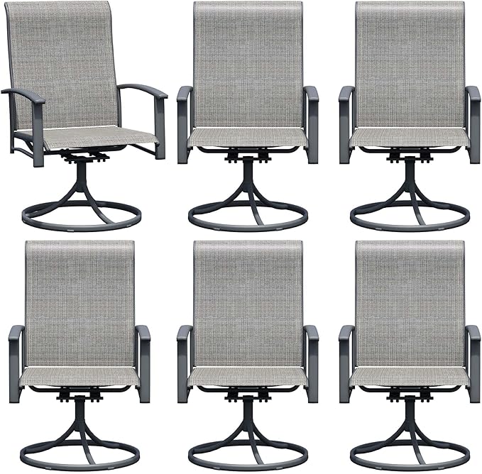 Outdoor Patio Swivel Dining Chairs Set of 6, All-Weather Swivel Rocker Chairs with Textilene High Back and Black Rust-Proof Metal Frame, Perfect for Patio, Lawn, Garden, or Backyard, Grey