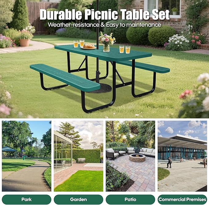6FT Outdoor Picnic Tables,Heavy-Duty Metal Rectangular Picnic Table,Expanded Metal Commercial-Grade Table with 2 Benches & Umbrella Hole,Waterproof Coating Beach Table for Patio,Garden, Backyard