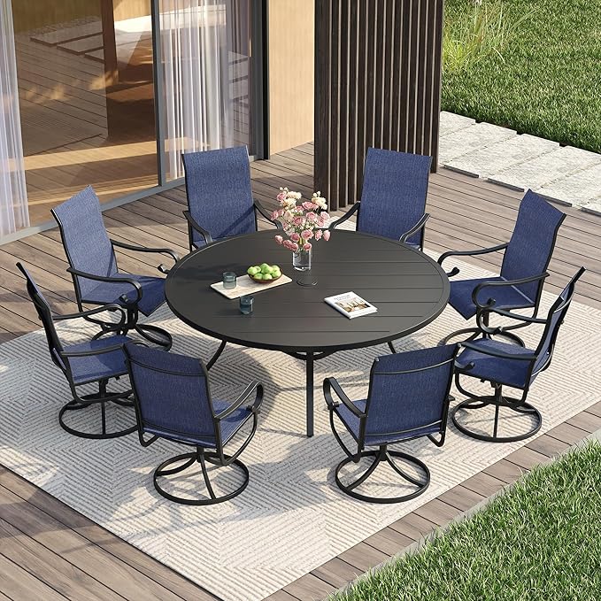 VICLLAX Swivel Patio Chairs Set of 2, 360-degree All-Weather Outdoor Swivel Chairs for Lawn Garden, Patio Dining Chairs, Black Metal Frame and Blue Textilene Mesh Fabric