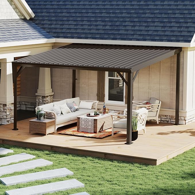 10x14FT Lean to Gazebo, Outdoor Hardtop Wall Mounted Gazebo with Gutter & Sloping Galvanized Steel Roof, Metal Hard Top Awnings for Deck, Porch, Backyard -Brown