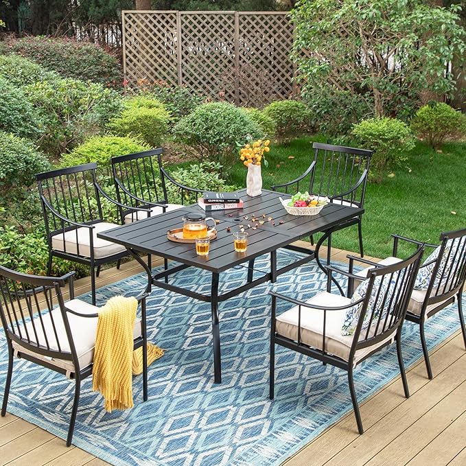 Sophia & William 7 Pieces Patio Dining Set, Rectangle Patio Table and Chairs Set of 2 Adjustable Umbrella Hole & Seat Cushions, Outdoor Conversation Furniture Set for Porch Backyard Balcony