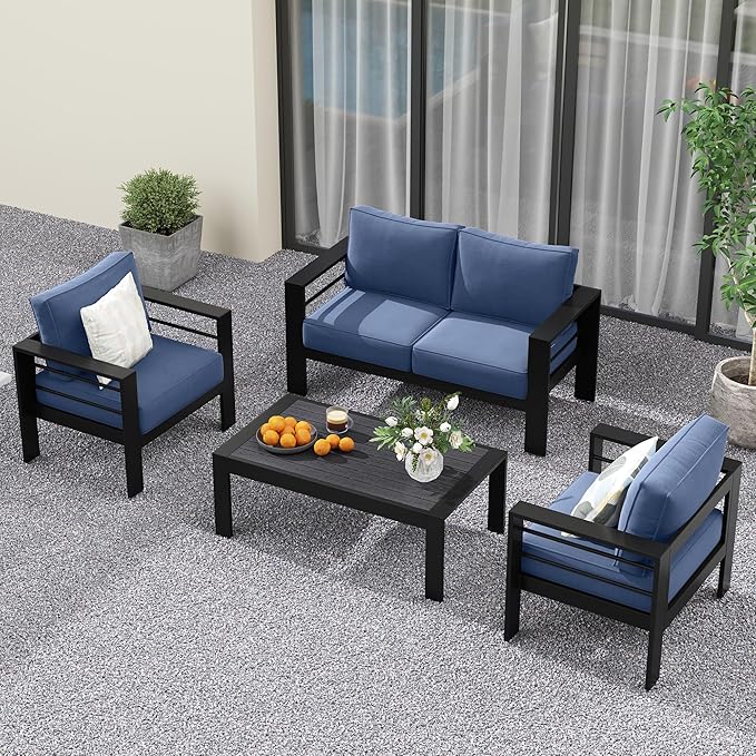 Solaste Outdoor Aluminum Furniture Set - 4 Pieces Patio Sectional Chat Sofa Conversation Set with Table,Black Frame and Blue Cushion