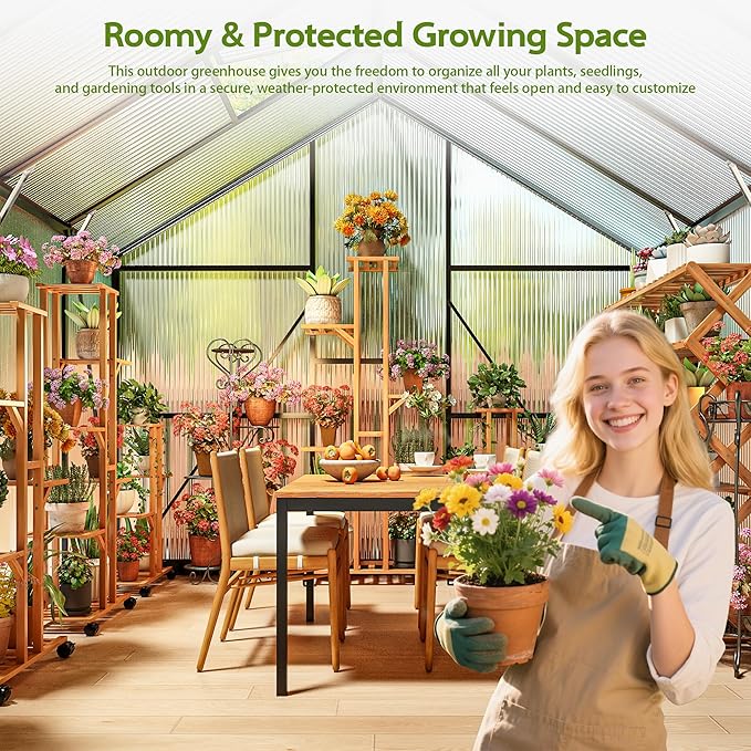 Wanan 16x8FT Greenhouses for Outdoors, Quick Assembly Polycarbonate Green House with UV Protection, Heavy Duty Windproof Aluminum Frame, Adjustable Roof Vent for Backyard or Outdoor Garden Use