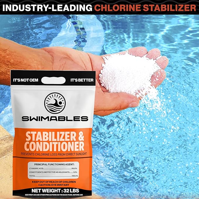 Swimables 32-Pounds Premium Pool Stabilizer & Conditioner, Max Strength Cyanuric Acid for Pools, Spa & Salt Water – Reduces Chlorine Loss, Ideal for Swimming & Hot Tubs