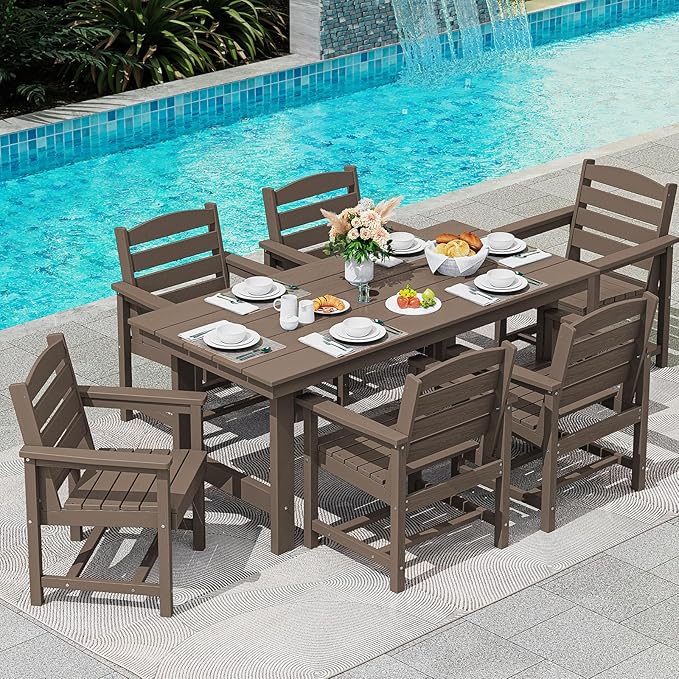 SERWALL 6-Person Outdoor Dining Table - 67" Rectangle HDPE Patio Table with Center Umbrella Hole, Weatherproof, Coffee