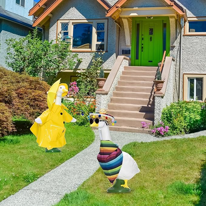 2 Set Lawn Goose Outfits – Mexican Theme with Bandana & Yellow Raincoat Costume for 23"/17" Goose Statues – Ideal for Garden, Patio, or Yard Decor