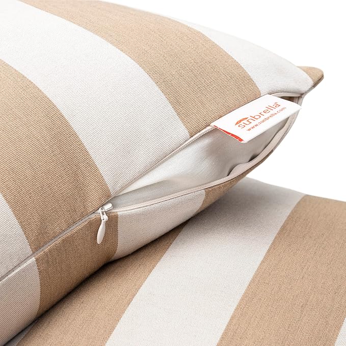 Austin Horn Classics Sunbrella Maxim Heather Beige Cabana Stripe, Knife Edge, Zippered Opening, 24-inch Pillow Cover (Set of 2), No Insert Included
