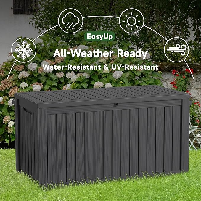 EasyUp 150 Gallon Outdoor Storage Box, Resin Waterproof UV-Resistant Deck Box with Hydraulic Lid Support, Reinforced Stability for Patio, Garden, and Poolside, Striped Black