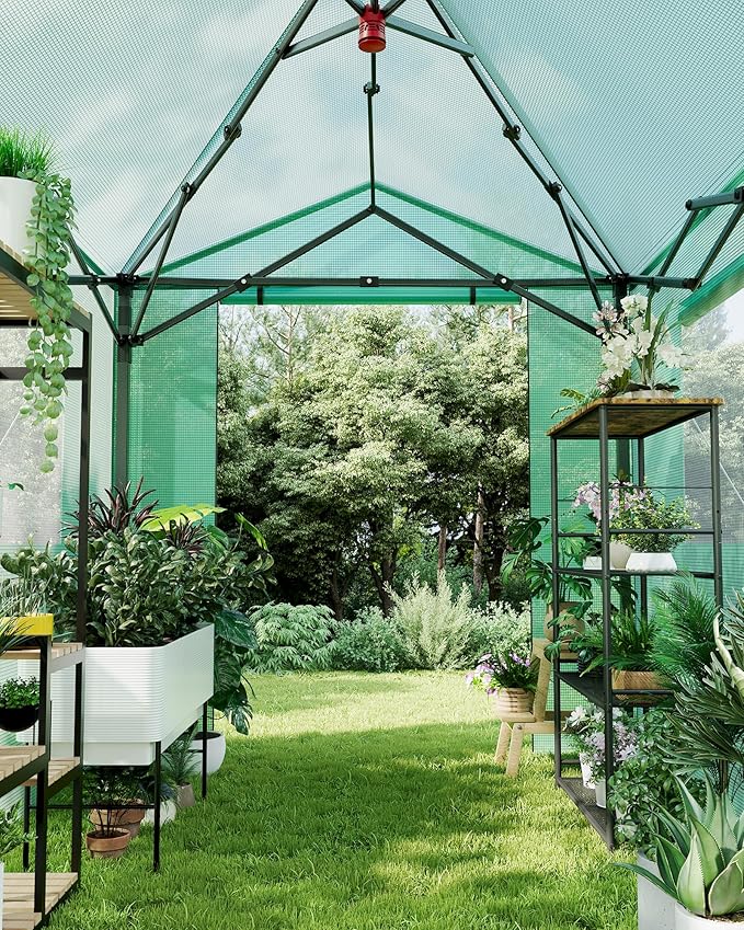 GarveeLife 6X8FT Portable Greenhouse for Outdoor, Walk-in Instant Pop-Up Greenhouse for Gardening Plant, Zipper Roll Up Door & Mesh Window, Double Frame, PE Cover Grow Tent for Winter, Green