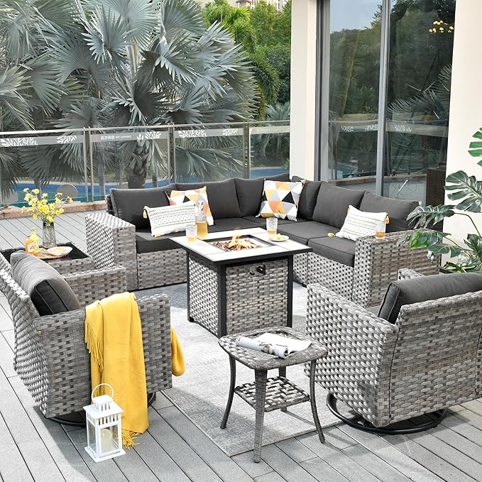 ovios 10 Pieces Patio Furniture Set, Outdoor Wicker Sectional Sofa with 30" Fire Pit Table Swivel Chairs, Modern Modular Deep Seat Rattan Couch Conversation Sets, Black