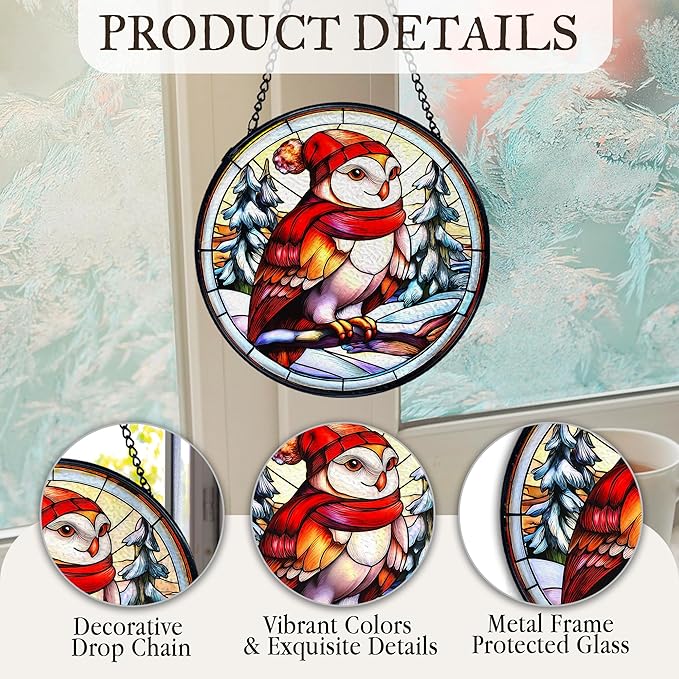 kdqua Christmas Winter Owl Suncatcher Stained Glass Window Hanging, Rustic Winter Owl Bird Sun Catchers Indoor Window Glass Round Wall Decor, Bird Wall Art Hanging Decorations Statues, 7.9x7.9in