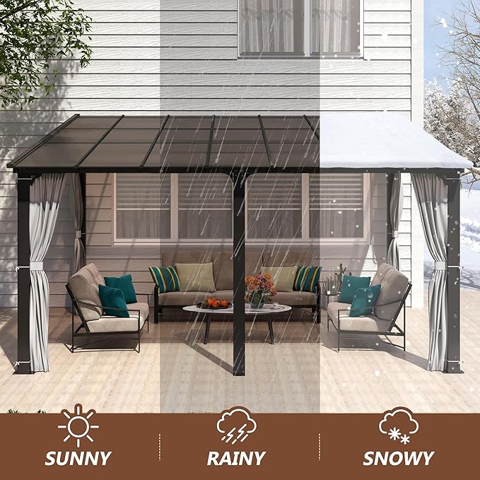 12x14FT Outdoor Wall-Mounted Hardtop Gazebo, Aluminum Frame Lean to Gazebo with Polycarbonate Roof and Curtains for Patio, Garden, Deck