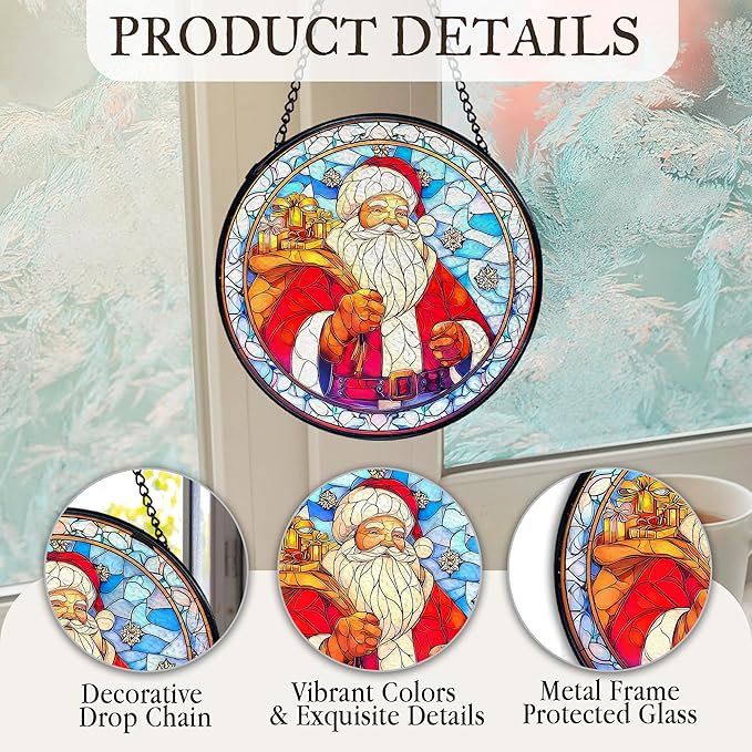 kdqua Christmas Santa Suncatcher Stained Glass Window Hanging, Winter Xmas Santa Claus Sun Catchers Indoor Window Glass Round Wall Decor, Christmas Wall Art Hanging Decorations Statues, 7.9x7.9in