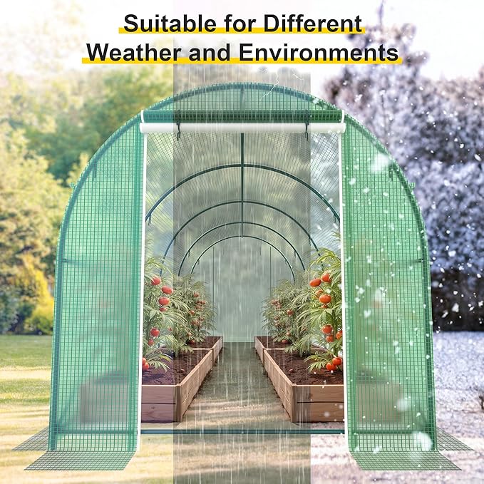 GOJOOASIS Greenhouse with Water System Outdoor Green House for Outside Winter Heavy Duty Large Walk-in Tunnel Portable Greenhouses for Backyard Plants Shed (15'x7'x7' w/ Irrigation System)