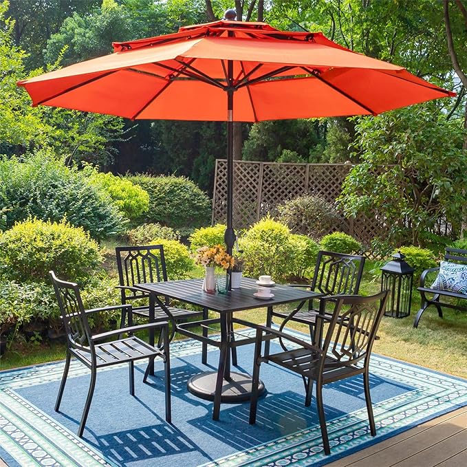 PHI VILLA Patio Dining Set 5 pcs with Umbrella(Orange Red),1 Square Metal Table& 4 Metal Outdoor Stackable Chairs and 1 10ft 3 Tier Auto-tilt Umbrella (Base Not Included)