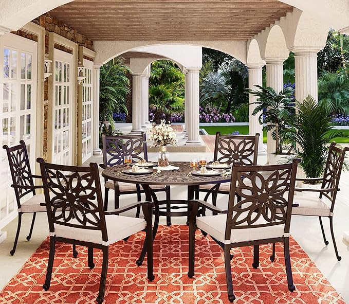 MFSTUDIO 7 PCS Cast Aluminum Patio Dining Set, Retro Design Outdoor Patio Table and Chairs with 6 Wide Dining Chair and 1 54" Round Aluminum Outdoor Dining Table