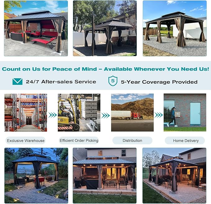 Domi 12' x 18' Hardtop Gazebo Permanent Metal Gazebo with Galvanized Steel Double Roof, Curtains and Netting for Party, Wedding, Outdoor Dining, Patio, Backyard, Brown