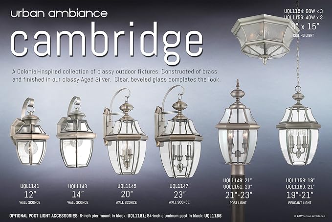 Urban Ambiance Luxury Colonial Outdoor Wall Light, Medium Size: 14" H x 8" W, with Tudor Style Elements, Versatile Design, Classy Aged Silver Finish and Beveled Glass, UQL1143