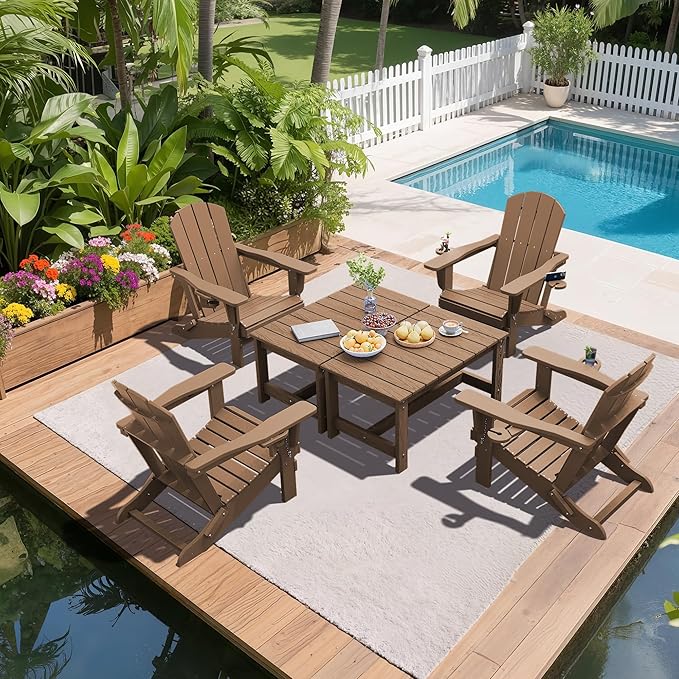 SERWALL Patio Coffee Table, HDPE Rectangle Outdoor Coffee Table, Brown