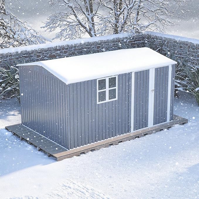 8x12 Ft Storage Shed Outdoor, XL Heavy-Duty Steel Building with Window – Features Hinged Gray Doors & 4 Air Vents for Backyard, Garden, Patio (Gray)