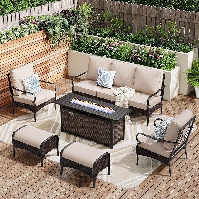 Patio Furniture Set with 56" Fire Pit Table, Premium Outdoor Wicker Metal Frame Furniture with Upgraded Waterproof Thick Cushions for Porch, Poolside, Deck, and Yard (8 Pieces,Beige)