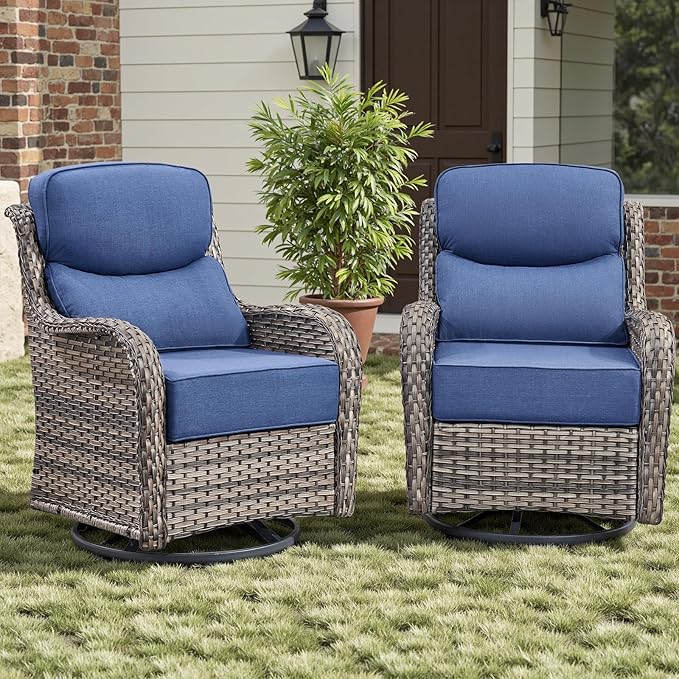 Rilyson Outdoor Patio Swivel Rocker Chairs Set of 2, Waterproof Wicker, High Back, Deep Seating, Wide Armrest, Upgraded 6 inch Thick Cushions, Ideal for Deck Porch Backyard, Mixed Grey/Blue
