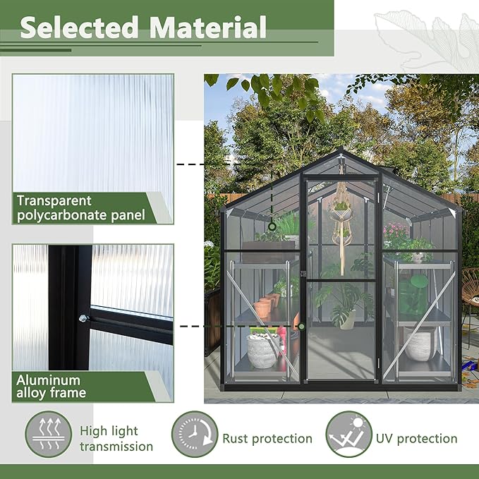KEIKI 6x8 FT Greenhouse for Outdoors, Large Walk-in Greenhouse with Double Doors and Two Ventilation Windows for Outside Green House Garden Backyard