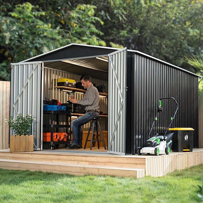 Polar Aurora 8 x 12 FT Outdoor Storage Shed, Metal Garden Shed with Updated Frame Structure, Tool Sheds for Backyard Garden Patio Lawn Black
