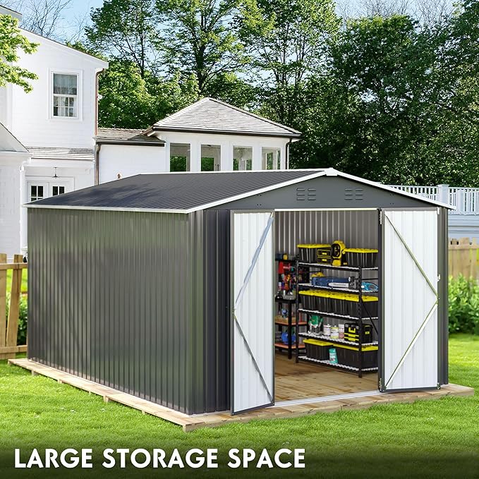 Polar Aurora 10 x 14 FT Outdoor Storage Shed, Metal Garden Shed with with Updated Frame Structure, Tool Sheds for Backyard Garden Patio Lawn, Black