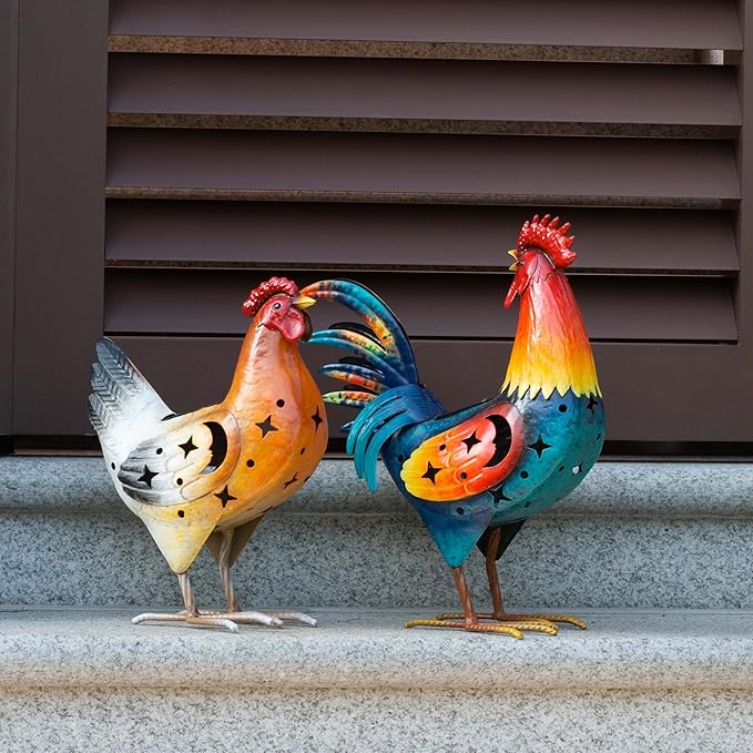 Natelf Solar Rooster Hen Yard Decorations Outdoor Metal Yard Decor Animal Chickens Yard Art for Garden Decor, Lawn Ornament for Porch Backyard Patio Coop Kitchen, Housewarming Gift, Set of 2