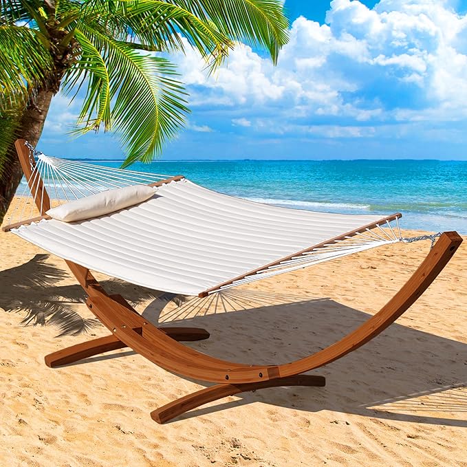 Lazy Daze Hammocks 12 FT Double Quilted Fabric Hammock and 13 FT Brown Wood Arc Stand, with Spreader Bar, Removable Pillow, 2 Person Hammock for Outdoor Patio Poolside, 450 lb Capacity, Brown