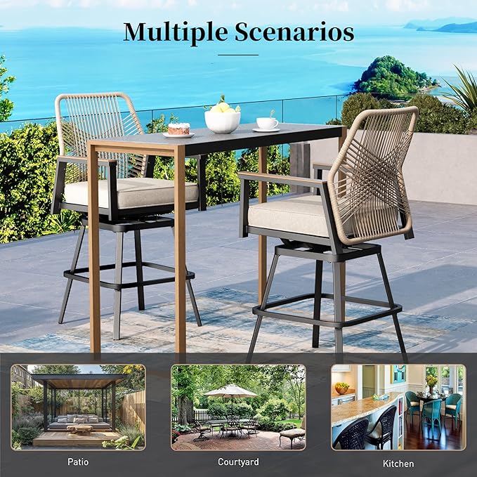 Outdoor Swivel Bar Stools Set of 6, Rattan High Top Patio Chairs with Waterproof Cushion and Armrest, All-Weather Bar Height Furniture for Outside Patio Balcony and Pool, Beige