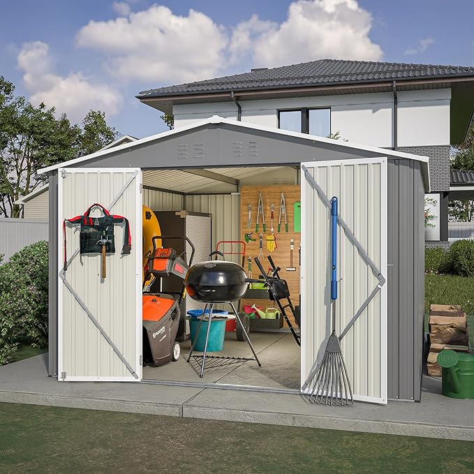 10x10 FT Outdoor Storage Shed, Large Metal Garden Shed with Lockable Hinged Doors, Outside Tool Shed with Sloped Roof & 4 Air Vents, Waterproof Storage Building for Backyard, Patio, Lawn, Gray