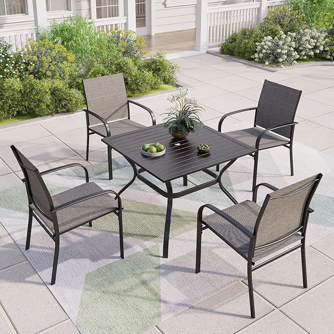 5 Pieces Patio Table and Chairs Set, 4 Person Outdoor Dining Furniture Set, 4 Brown Textilene Chairs and 37" Square Metal Table with Umbrella Hole, for Deck Backyard Lawn