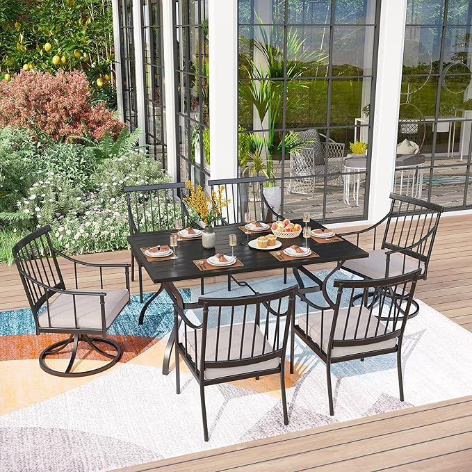 PHI VILLA 7 Pieces Outdoor Dining Set with Cushion for 6, 60” Rectangular Metal Dining Table with Umbrella Hole & Cushioned Iron Swivel Chairs Furniture Set for Patio, Deck, Yard