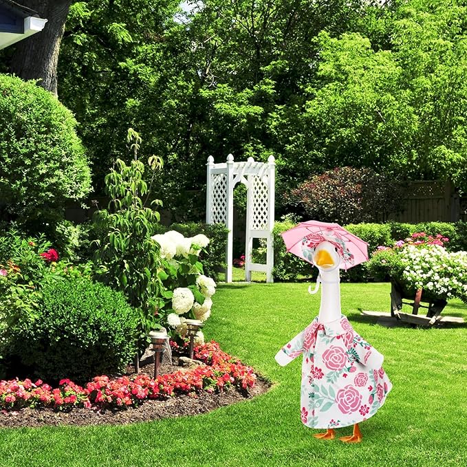 Soulchen Porch Goose Outfit with Umbrella for Lawn Porch 23'' Goose Costume Pink Flower Skirt for Spring Summer Outdoor Patio Yard Lawn Decoration
