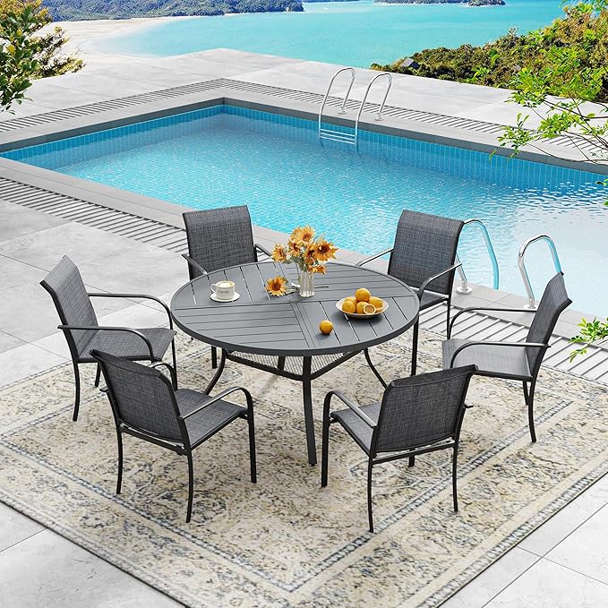 DIFY 47.2" Round Outdoor Patio Dining Table for 6, All-Weather Metal Steel Slatted Patio Table with 1.57" Adjustable Umbrella Hole, for Lawn Garden Porch Backyard, Grey