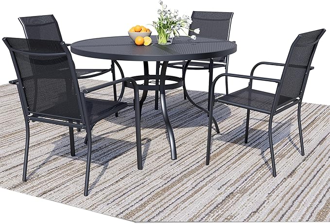 5 Pieces Round Dining Table Set for 4, Patio Dining Set Includes 4 Black Stackable Patio Chairs and 1 Black Mesh Round Table, Patio Furniture Sets with Sling Support for Outside, Garden