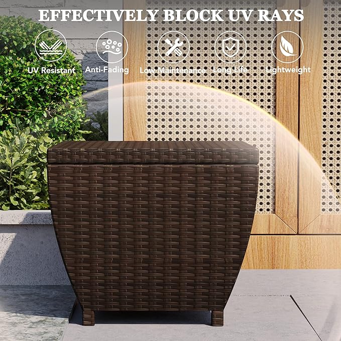 Outdoor Wicker Storage Box with Cover, 13 Gallon PE Rattan Deck Box for Outside with Waterproof Liner, Patio Storage Chest with Hinged Lid for Cushions, Pillows, Towels, Horizontal Bin, Brown