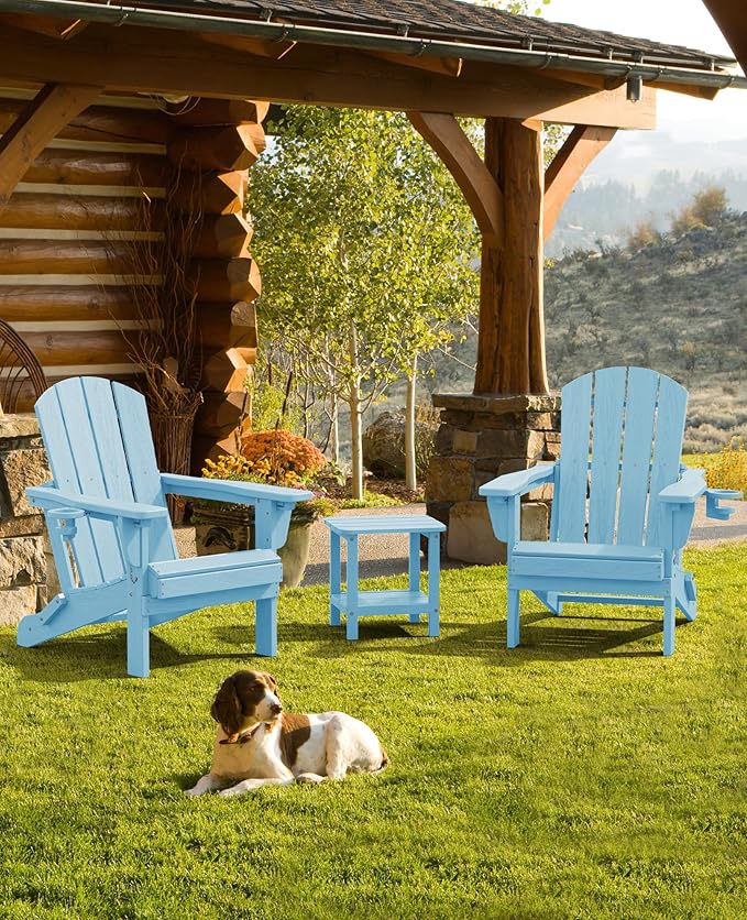 SERWALL Folding Adirondack Chair Set of 4, Adjustable Adirondack Chair with 3 Recline Positions, All Weather HDPE Outdoor Adirondack with Cup Holders, Light Blue