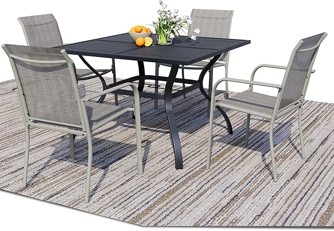 5 Pieces Sqaure Dining Table Set for 4, Patio Dining Set Includes 4 Grey Stackable Patio Chairs and 1 Black Mesh Square Table, Patio Furniture Sets with Sling Support for Outside, Garden
