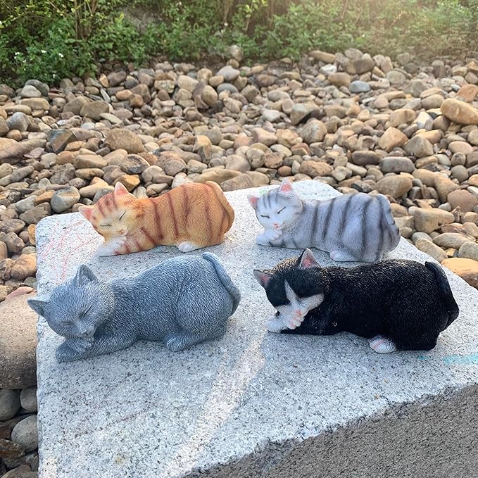 Cat Statue Outdoor Garden Decor, Cat Statues & Figurine Garden Statues Outdoor Clearance for Patio, Lawn Decoration, 6" Grey Sleeping Tabby Statue for Indoor Table Accessory, Gift for Mom