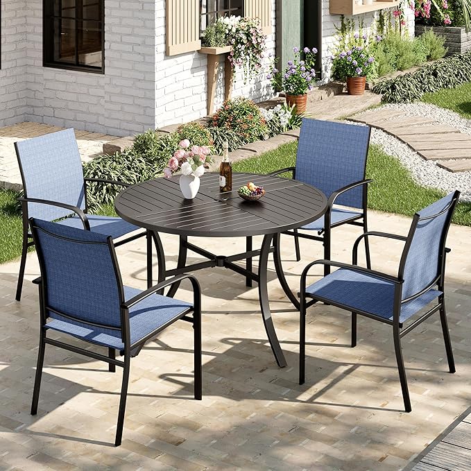 Patio Table and Chairs Set for 4, 5 Pieces Outdoor Dining Set, 4 Blue Textilene Chairs and 42" Metal Round Table with Umbrella Hole, for Deck Garden Backyard Lawn Poolside